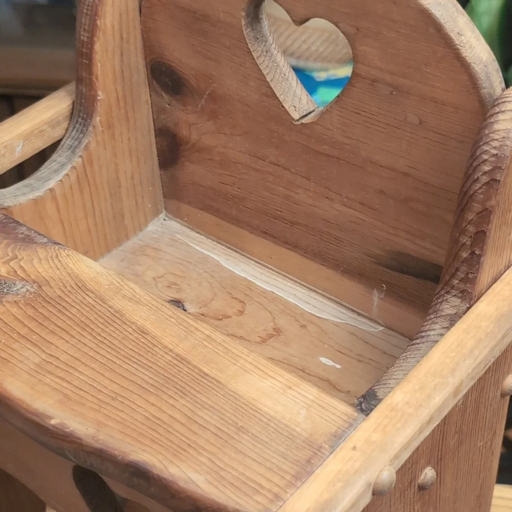 Vintage Wooden Doll High Chair Brown Heart Cutouts Doll Furniture
